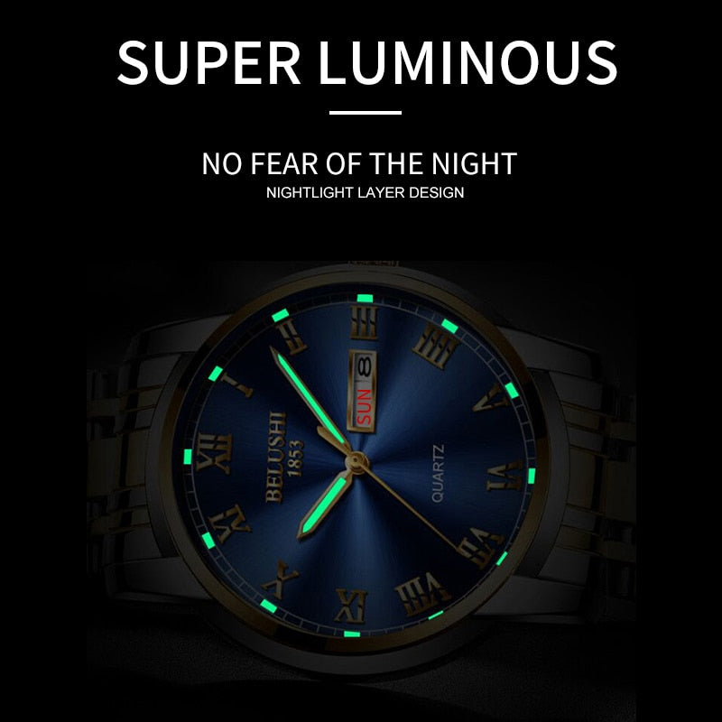 BELUSHI Top Brand Luxury Mens Watches Luminous Waterproof Stainless Quartz Business Wristwatch