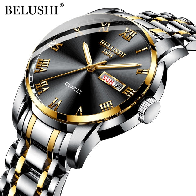 BELUSHI Top Brand Luxury Mens Watches Luminous Waterproof Stainless Quartz Business Wristwatch