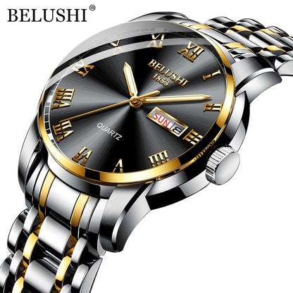 BELUSHI Top Brand Luxury Mens Watches Luminous Waterproof Stainless Quartz Business Wristwatch
