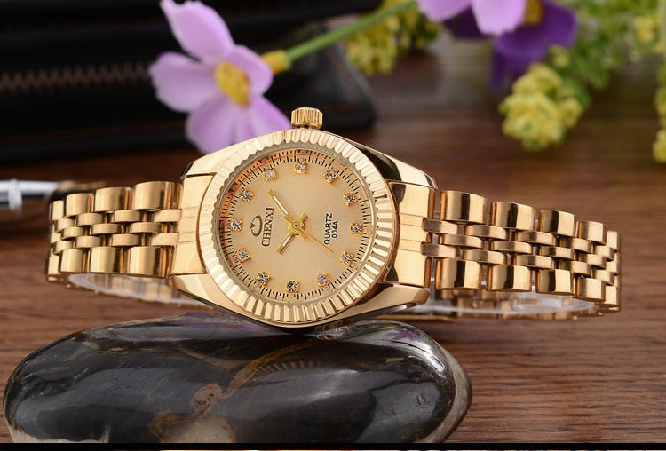 CHENXI Brand Top Luxury Ladies Gold Watch Women Golden Dress Rhinestone Quartz Waterproof