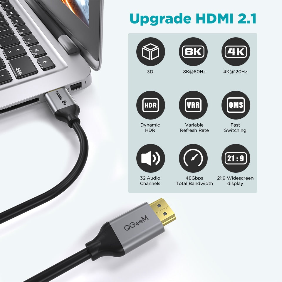 QGeeM 8K Cable HDMI 2.1 Wire for Xiaomi Xbox Series X PS5 PS4 Chromebook Laptops 120Hz HDMI Splitter Digital Cable Cord 4K