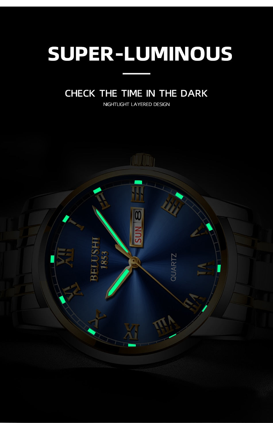 BELUSHI Top Brand Luxury Mens Watches Luminous Waterproof Stainless Quartz Business Wristwatch