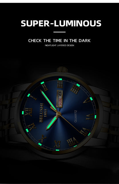 BELUSHI Top Brand Luxury Mens Watches Luminous Waterproof Stainless Quartz Business Wristwatch