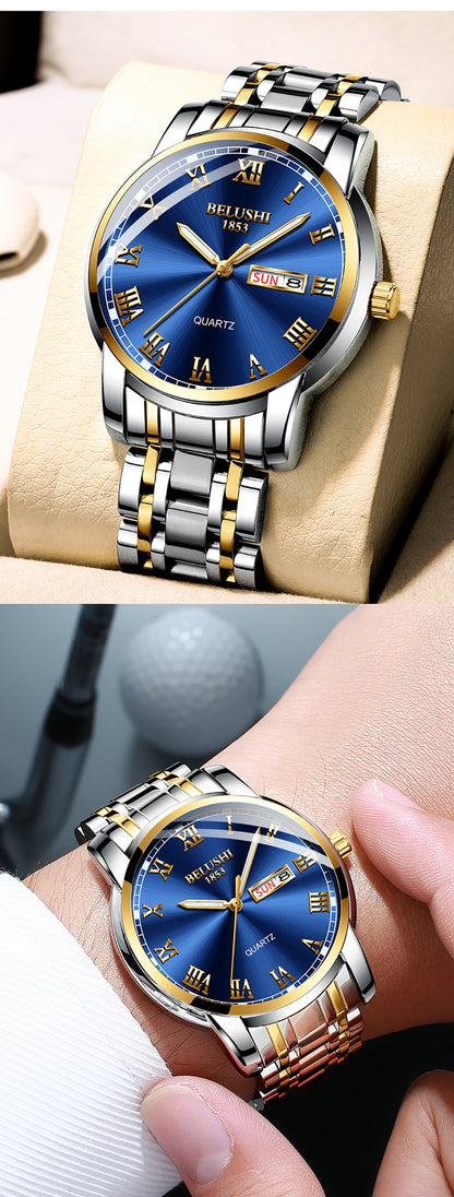 BELUSHI Top Brand Luxury Mens Watches Luminous Waterproof Stainless Quartz Business Wristwatch