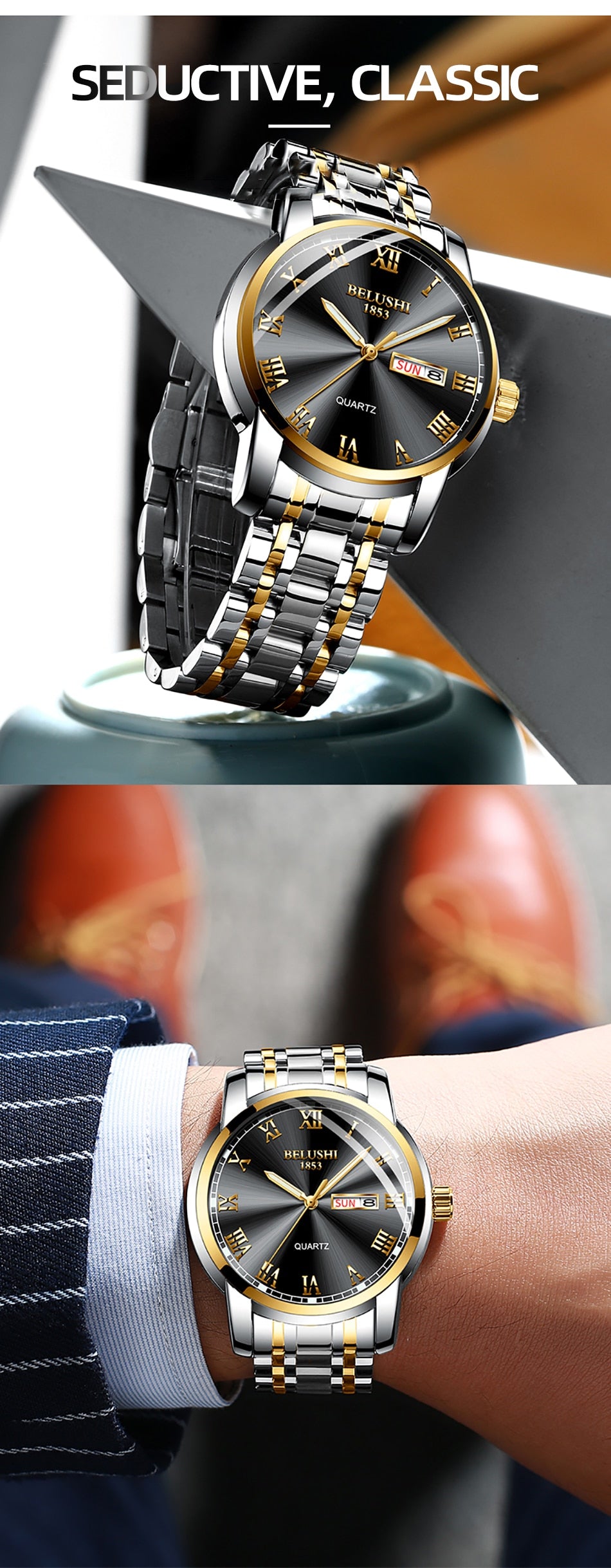 BELUSHI Top Brand Luxury Mens Watches Luminous Waterproof Stainless Quartz Business Wristwatch