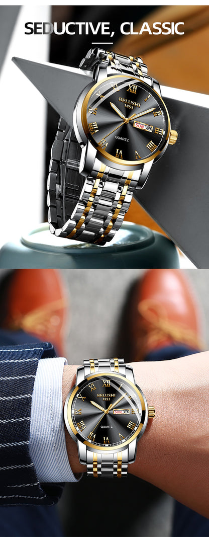 BELUSHI Top Brand Luxury Mens Watches Luminous Waterproof Stainless Quartz Business Wristwatch