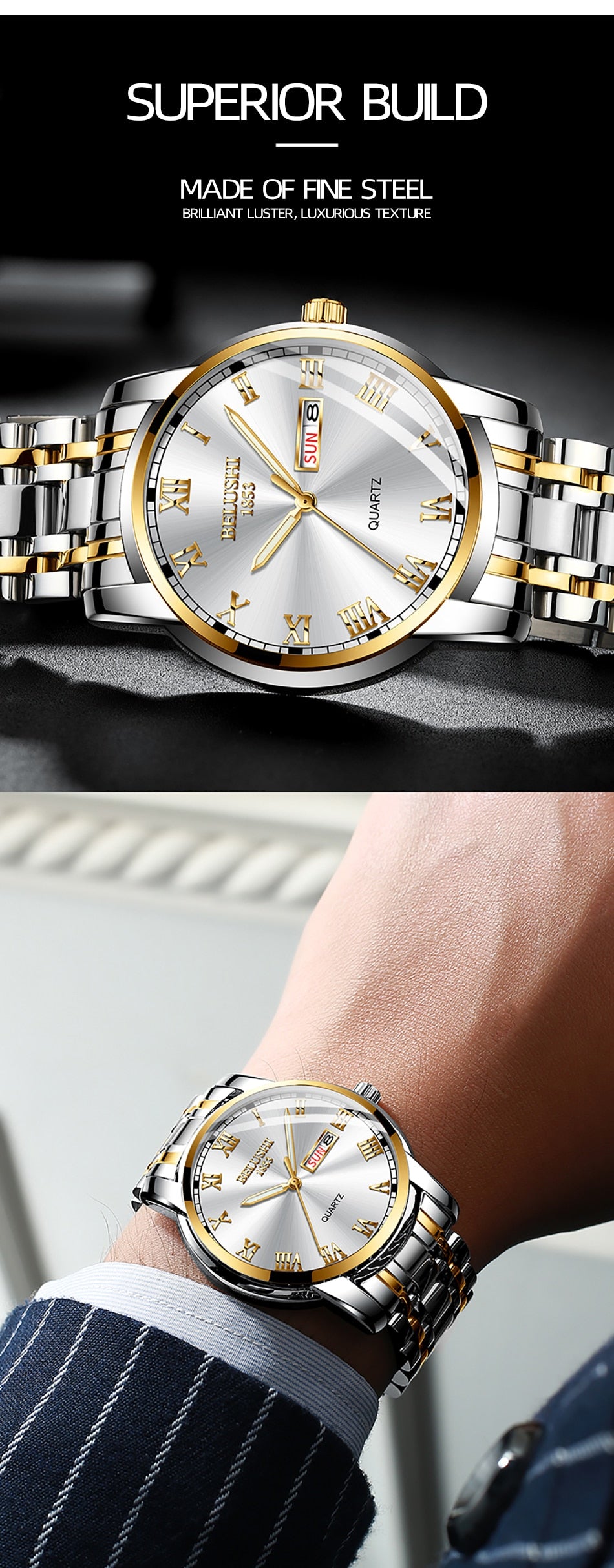 BELUSHI Top Brand Luxury Mens Watches Luminous Waterproof Stainless Quartz Business Wristwatch