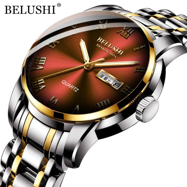 BELUSHI Top Brand Luxury Mens Watches Luminous Waterproof Stainless Quartz Business Wristwatch