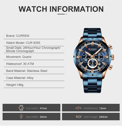 CURREN Men Watch Top Brand Luxury Sports Quartz Full Steel Waterproof Chronograph Wristwatch Men Relogio Masculino