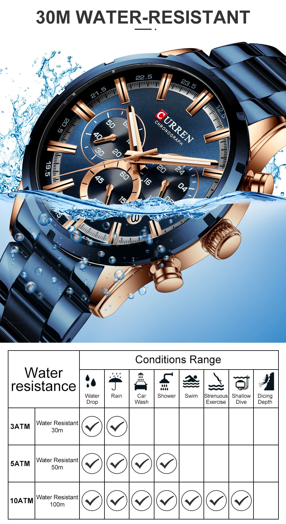 CURREN Men Watch Top Brand Luxury Sports Quartz Full Steel Waterproof Chronograph Wristwatch Men Relogio Masculino