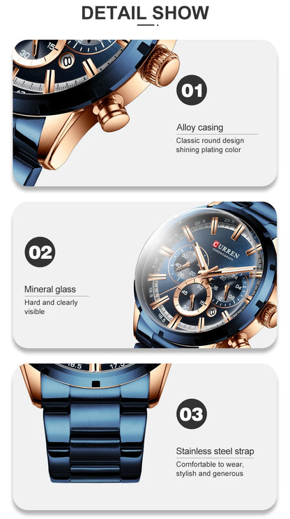 CURREN Men Watch Top Brand Luxury Sports Quartz Full Steel Waterproof Chronograph Wristwatch Men Relogio Masculino