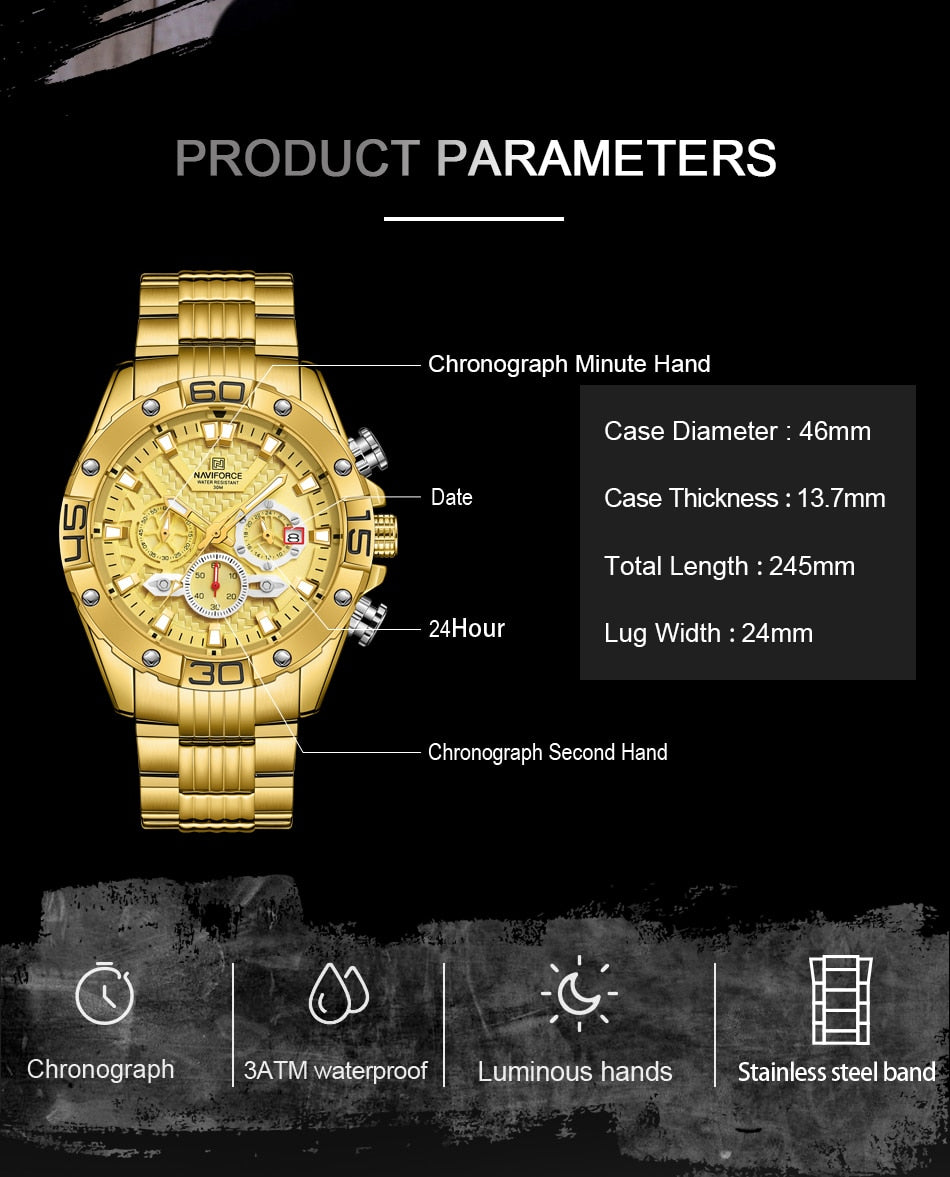 NAVIFORCE Men's Watches Top Luxury Brand Gold Business Quartz